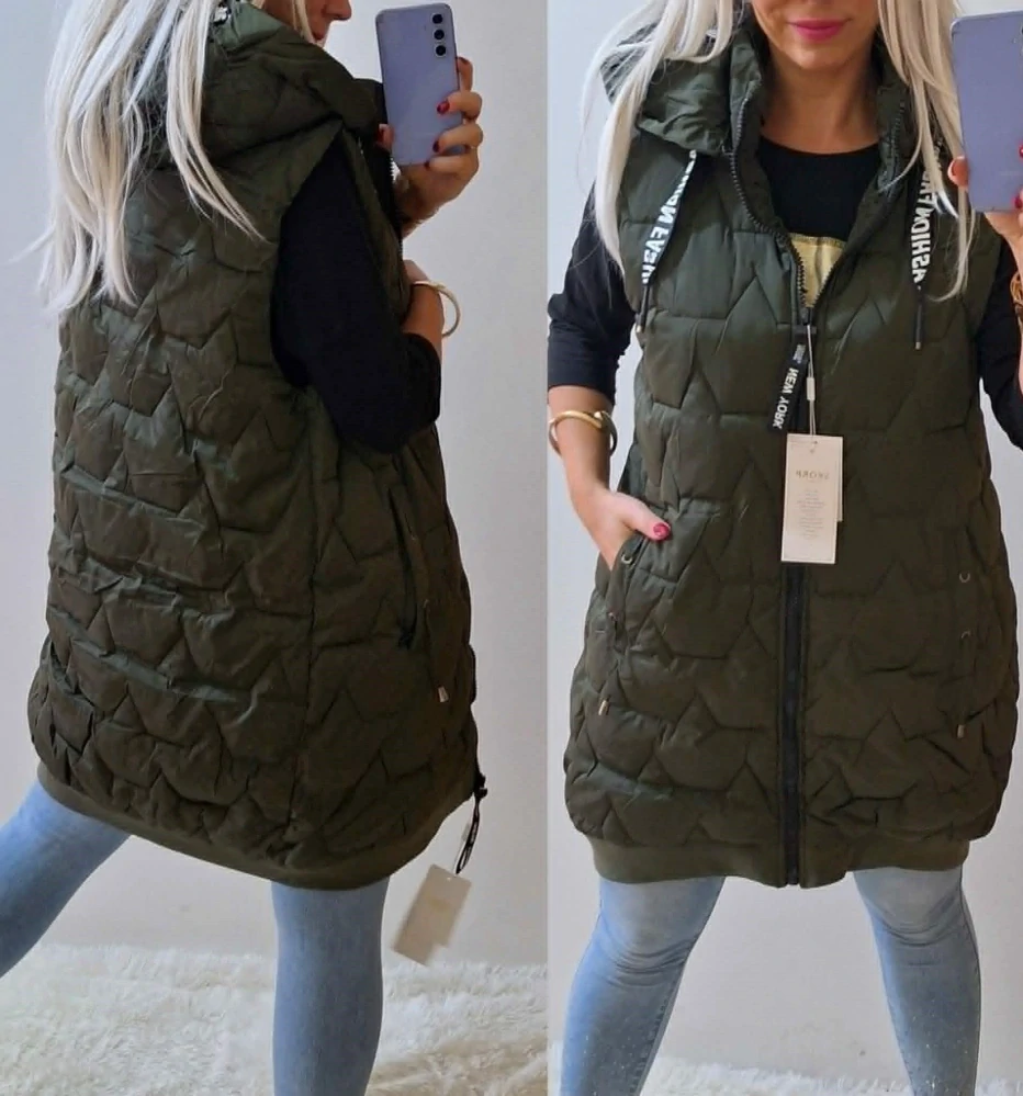 Dámská prošívaná vesta KEYA s kapucí vpředu na zip khaki