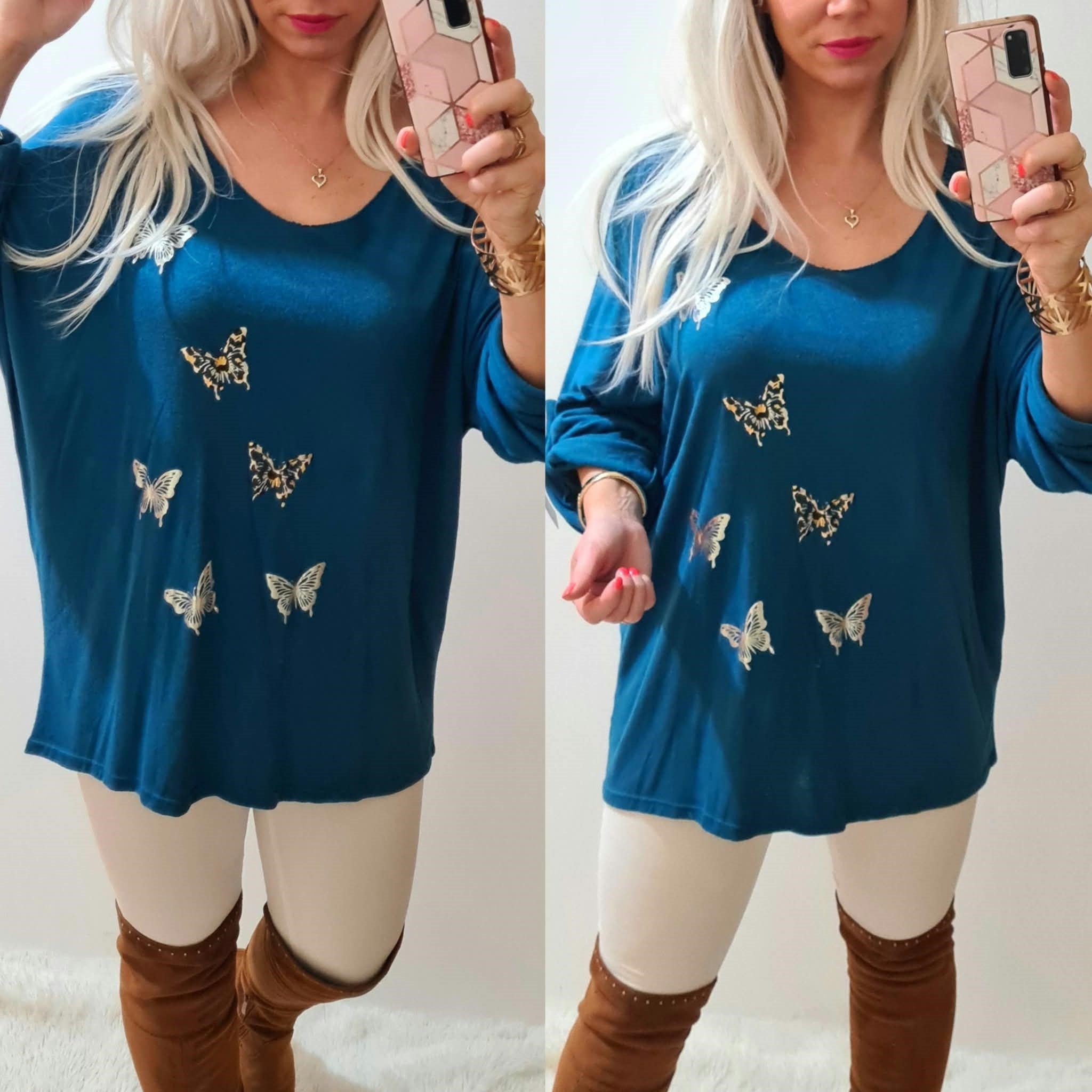 Dámská tunika/tenčí svetřík BUTTERFLY tyrkys