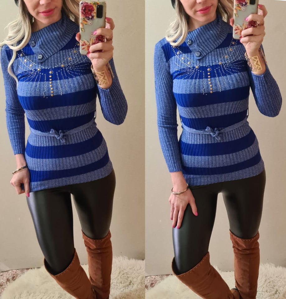 Dámský svetřík zdobený kamínky modrý