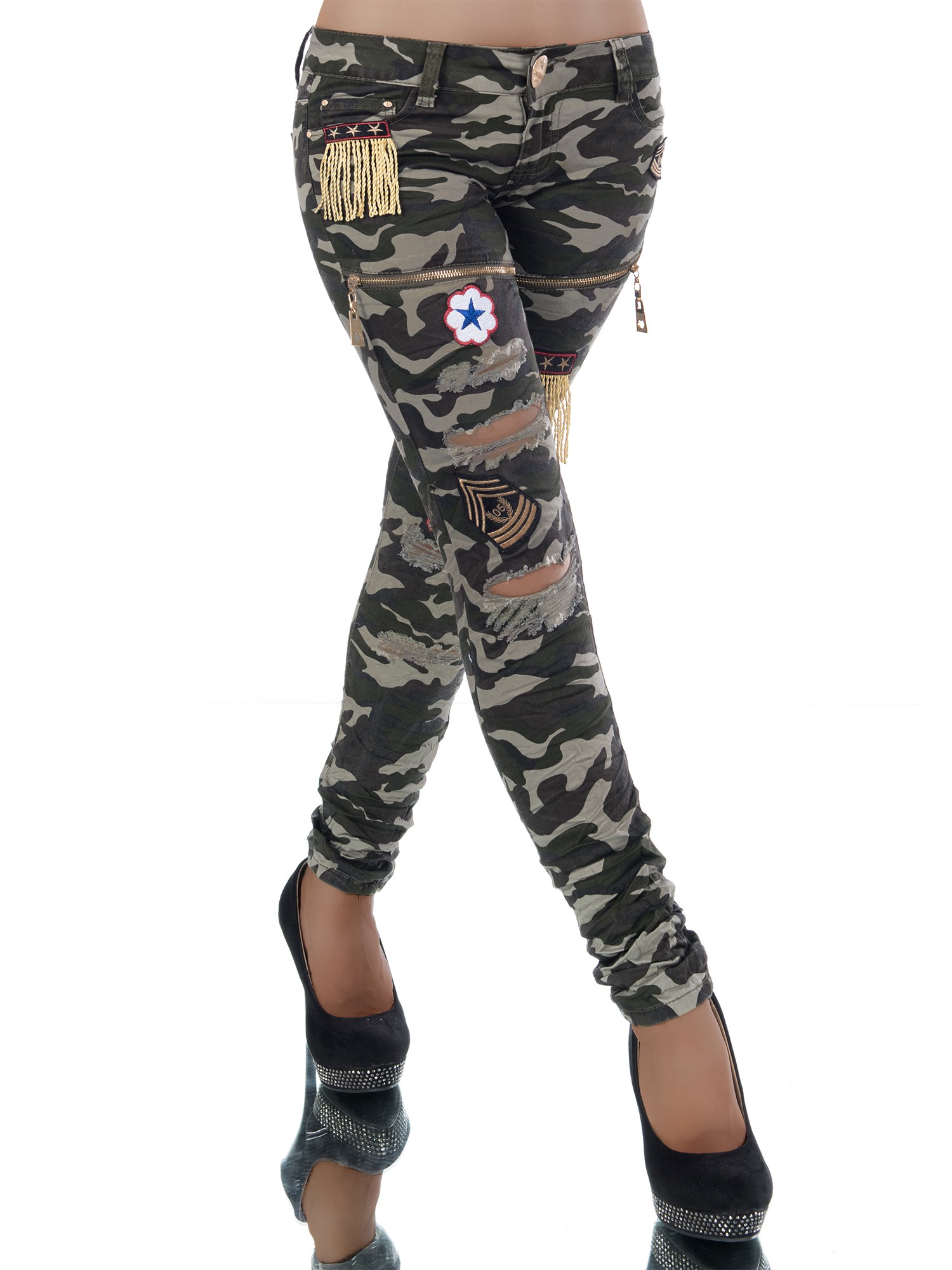 Dámské džíny ARMY se zipy a nášivkami khaki