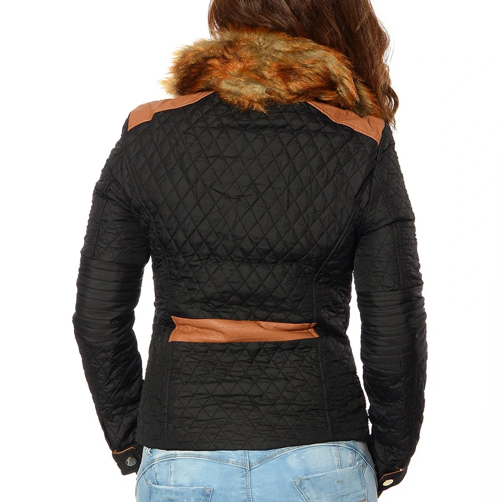 Dámská bunda s kožešinovým límcem černá