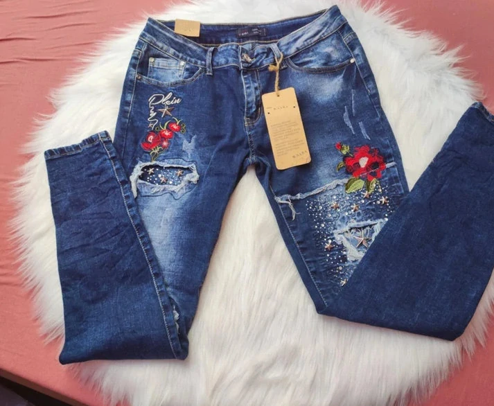 Dámské rifle s květy a kamínky modrá