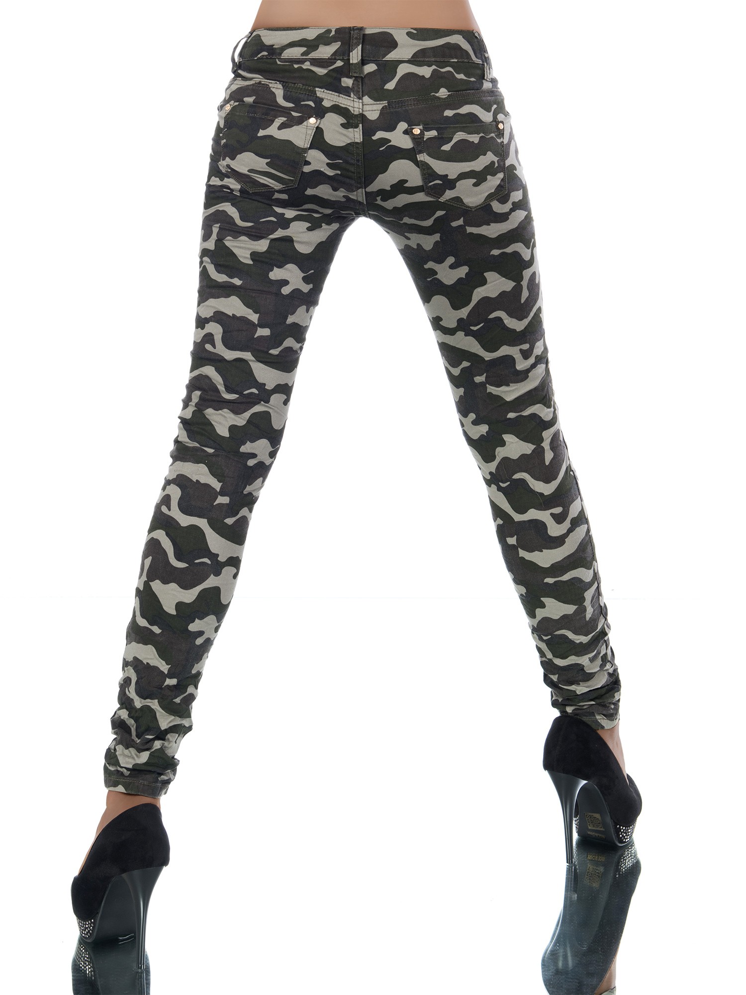 Dámské džíny ARMY se zipy a nášivkami khaki