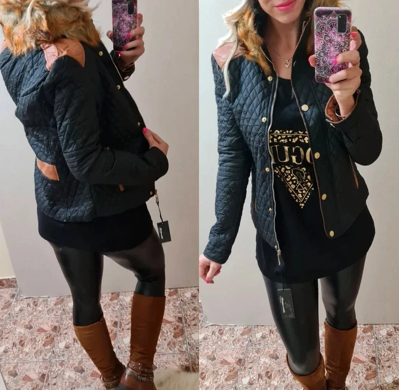 Dámská bunda s kožešinovým límcem černá