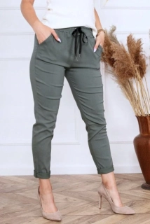 Dámské mačkané kalhoty se šňůrkou v pase khaki